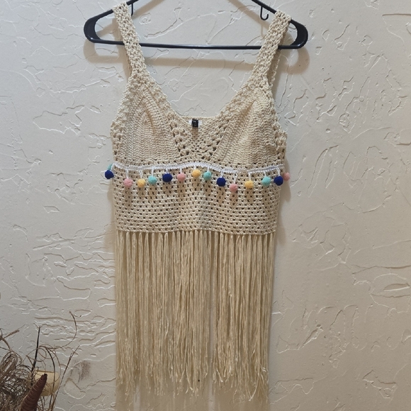 Zaful Tops - Zaful Cream Crochet Fringe Tank Top with Colorful Pom Poms
